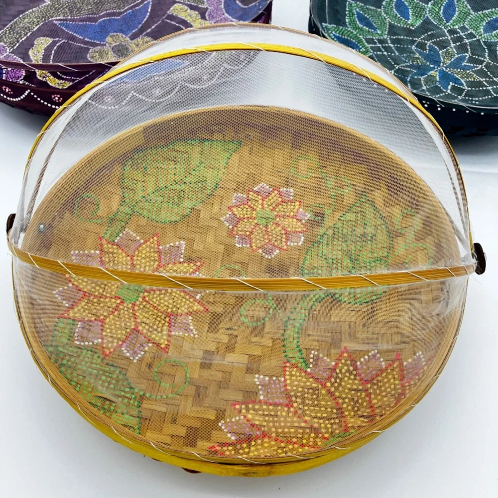 Set of 3 Bamboo Food Serving Tent Basket Hand Painted Boho Picnic Cover Mesh Net